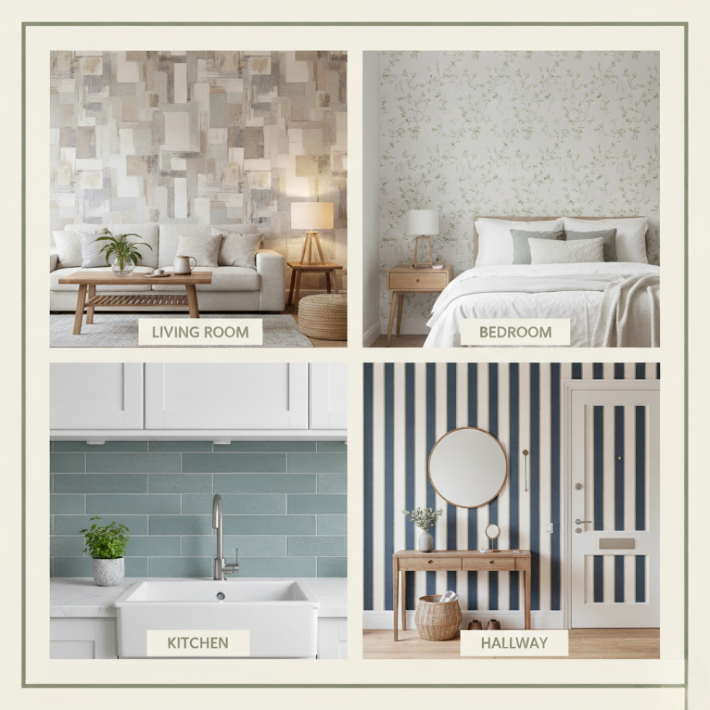 With so many textures, styles, and patterns avalible start with the WHERE and choose your wallpaper acourdingly.
