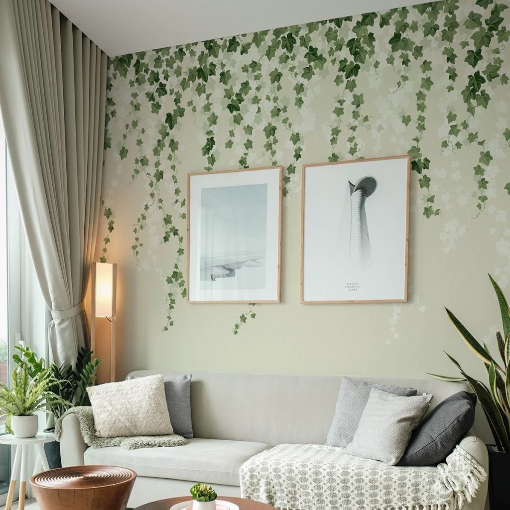 A living room scene featuring an Advantage wall mural of Ivy trailing down a light green background
Pattern: 4164-50942