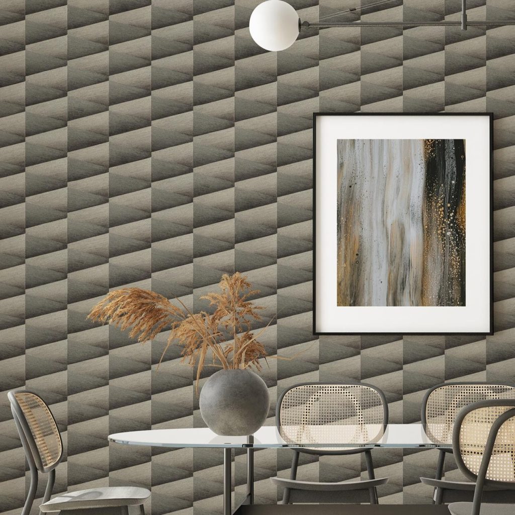 A Dining room scene featuring an Advantage wallpaper of light and dark gray geometric shapes adorning the wall Pattern: 4096-554663